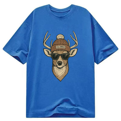 Ohio White-tailed Deer wearing Columbus beanie with pom pom and wayfarer - Classic T-shirt - Blue