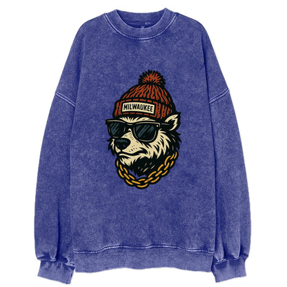 Milwaukee Badger wearing Milwaukee beanie with pom pom and wayfarer sunglasses - Vintage Sweatshirt - Blue