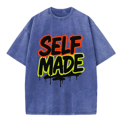 Bold typography design - "SELF MADE" - built from nothing, earned success - Vintage T-shirt - Blue