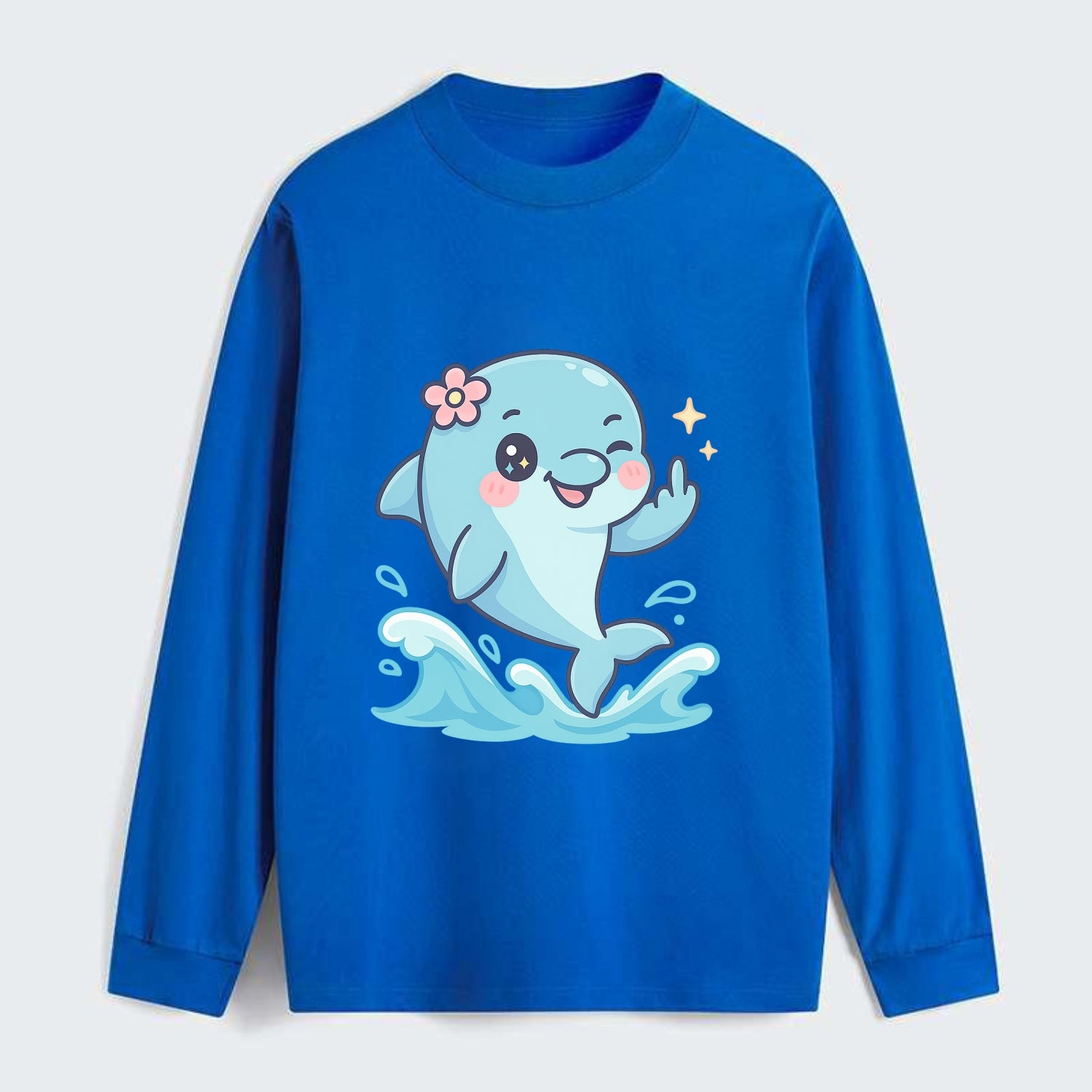 smiling dolphin jumping through ocean waves, one fin up with attitude - Classic Long Sleeve Shirt - Blue