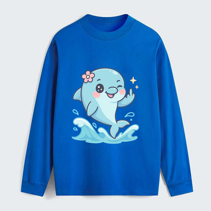 smiling dolphin jumping through ocean waves, one fin up with attitude - Classic Long Sleeve Shirt - Blue