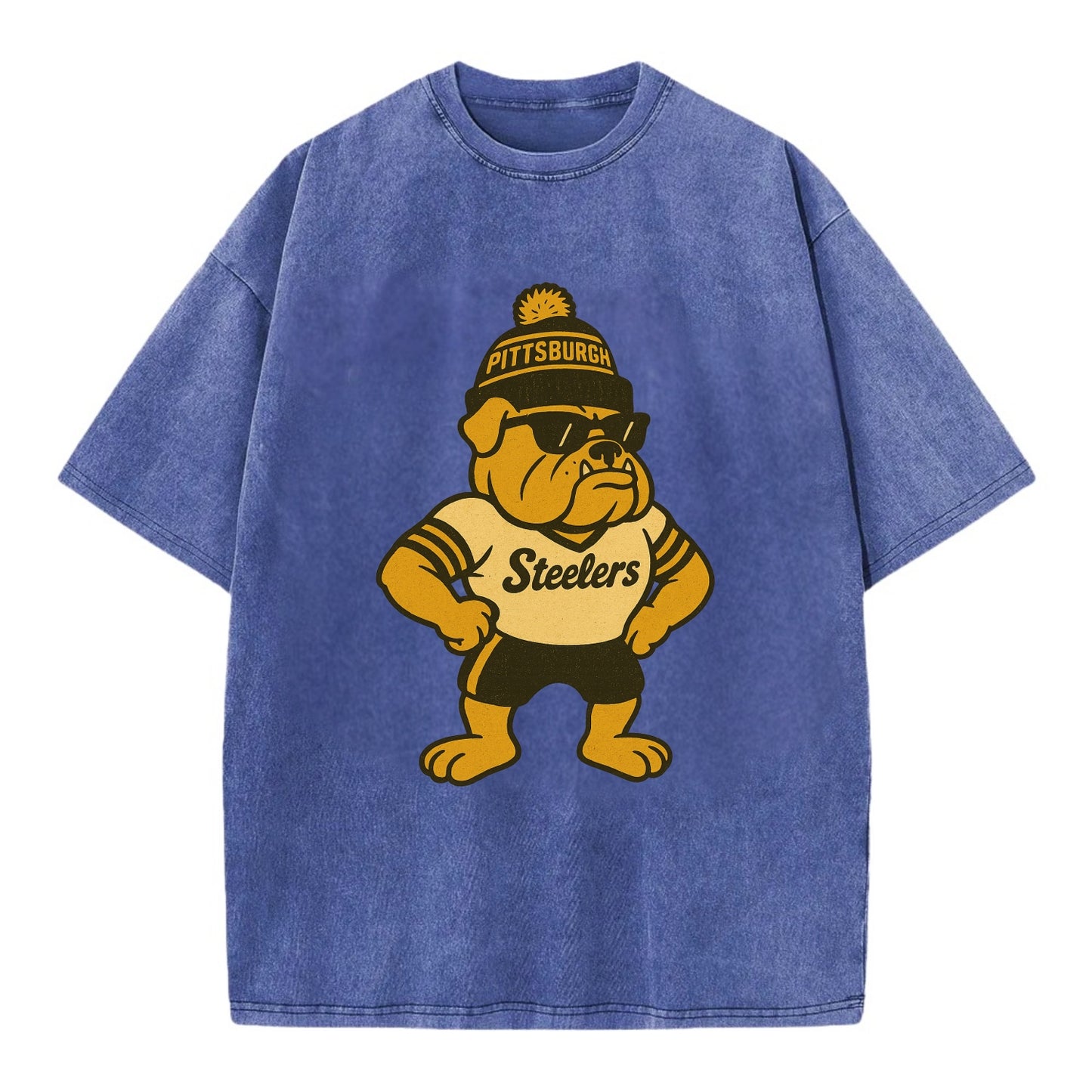 Pittsburgh Bulldog wearing Steelers black and gold beanie with pom pom and - Vintage T-shirt - Blue