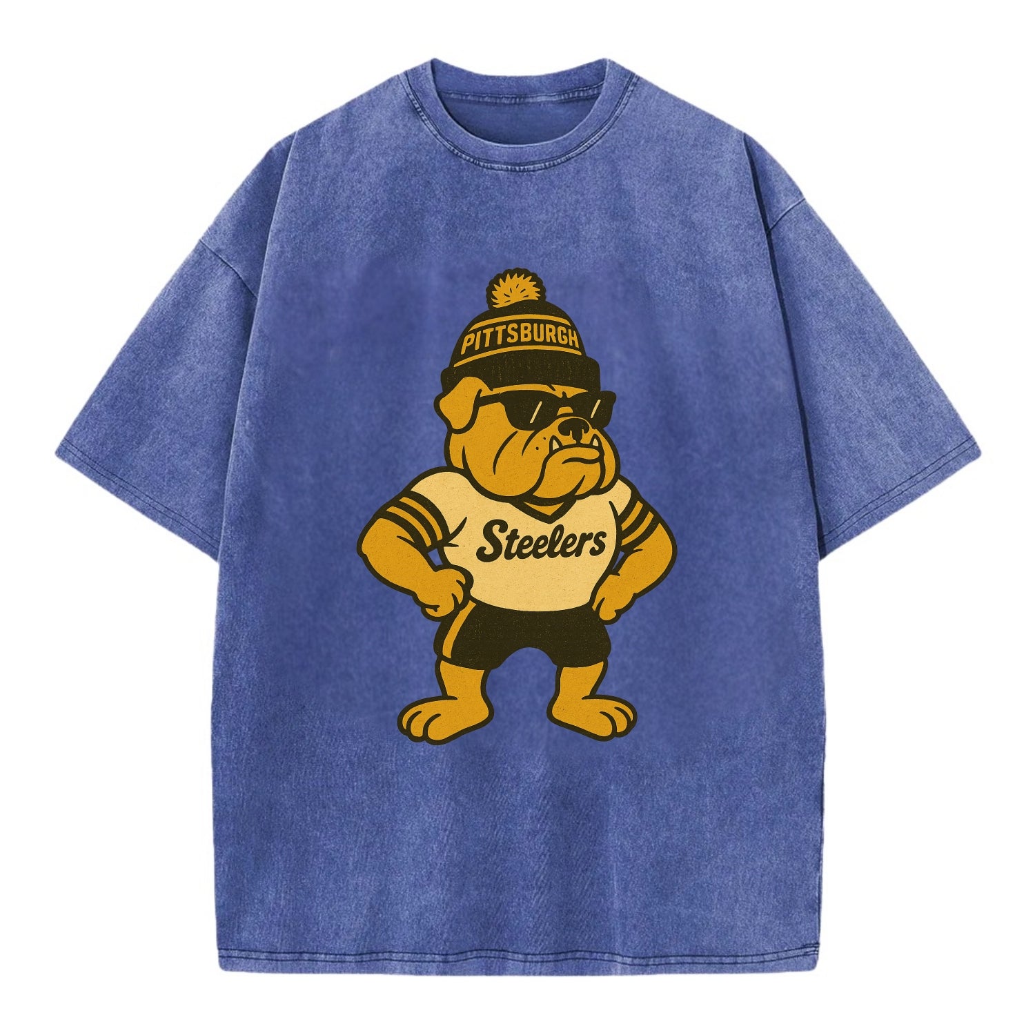 Pittsburgh Bulldog wearing Steelers black and gold beanie with pom pom and - Vintage T-shirt - Blue