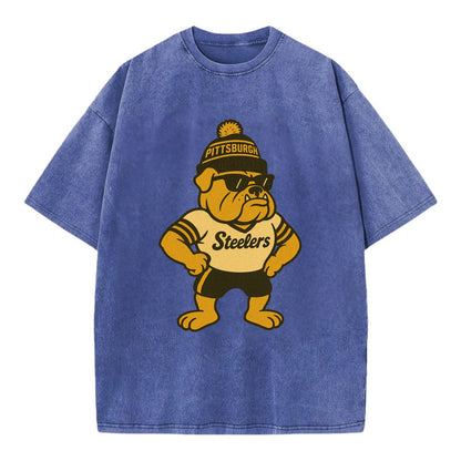 Pittsburgh Bulldog wearing Steelers black and gold beanie with pom pom and - Vintage T-shirt - Blue