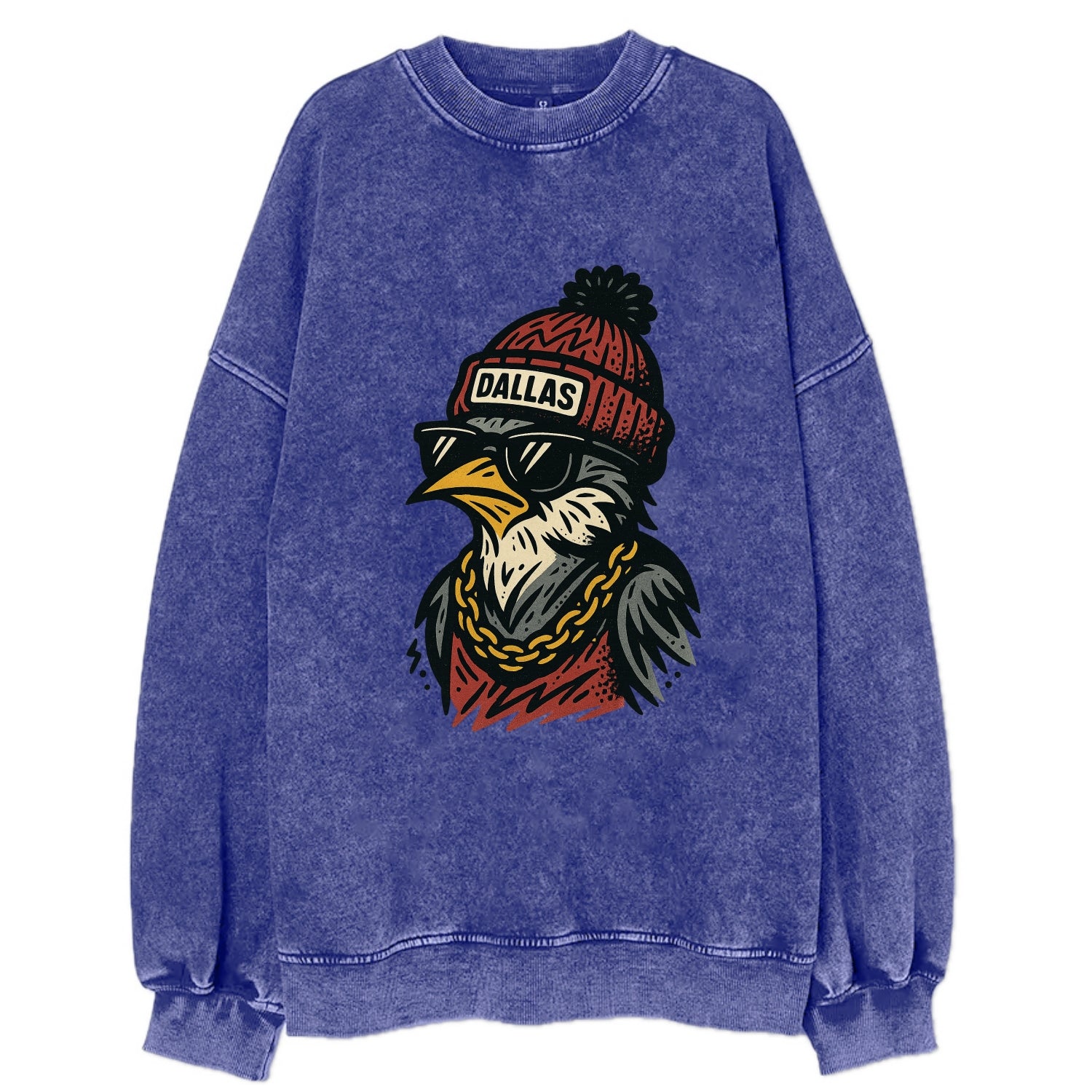Dallas Mockingbird wearing Dallas beanie with pom pom and wayfarer sunglasses - Vintage Sweatshirt - Blue