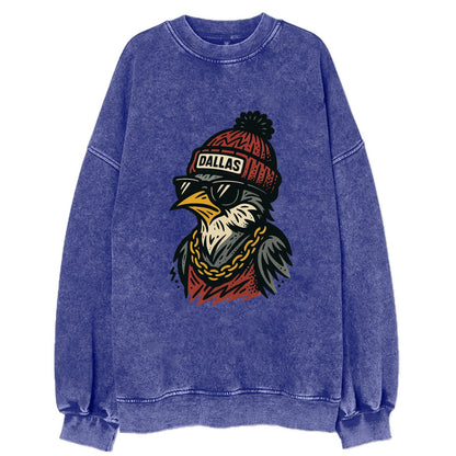 Dallas Mockingbird wearing Dallas beanie with pom pom and wayfarer sunglasses - Vintage Sweatshirt - Blue