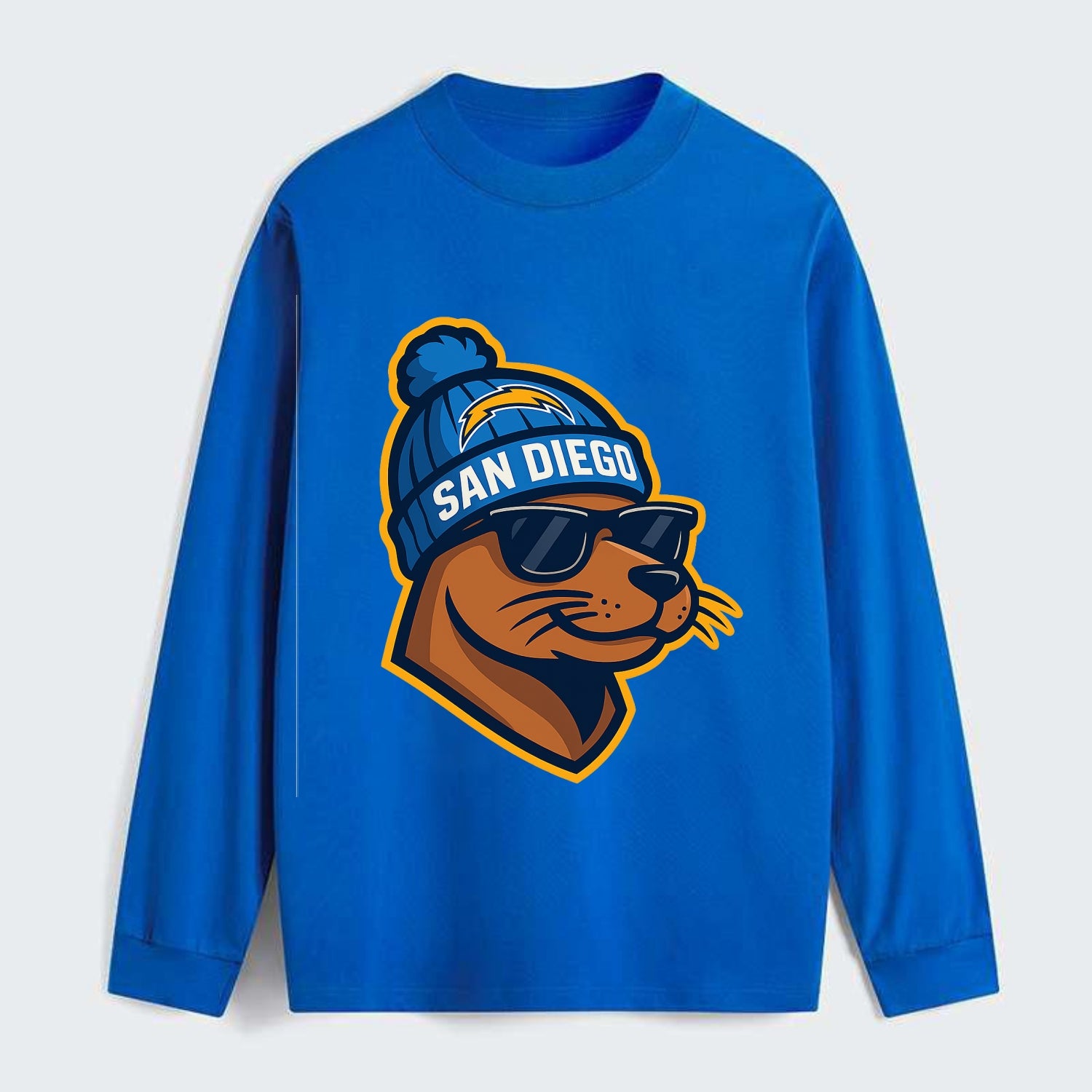 San Diego Sea Lion wearing Chargers beanie with bolt patch and wayfarer - Classic Long Sleeve Shirt - Blue