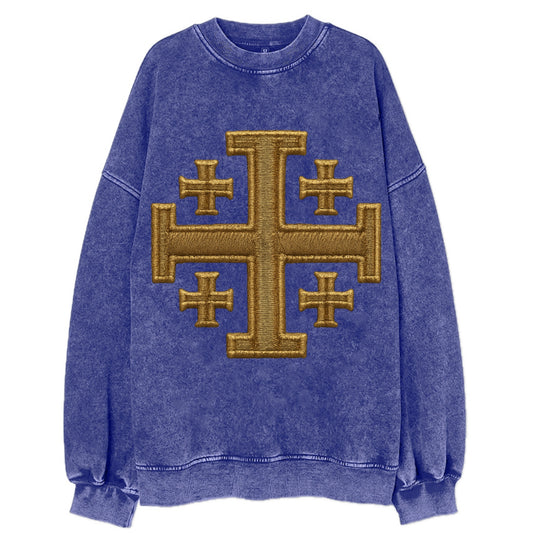 Jerusalem Cross  - Vintage Sweatshirt - Blue