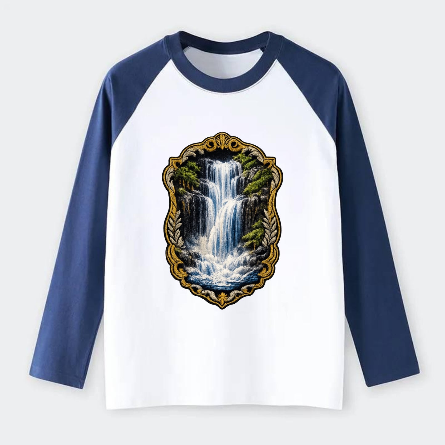 WATERFALL CASCADE - falling water with mist in blue and white , nature - Raglan Long Sleeve T-Shirt - Blue