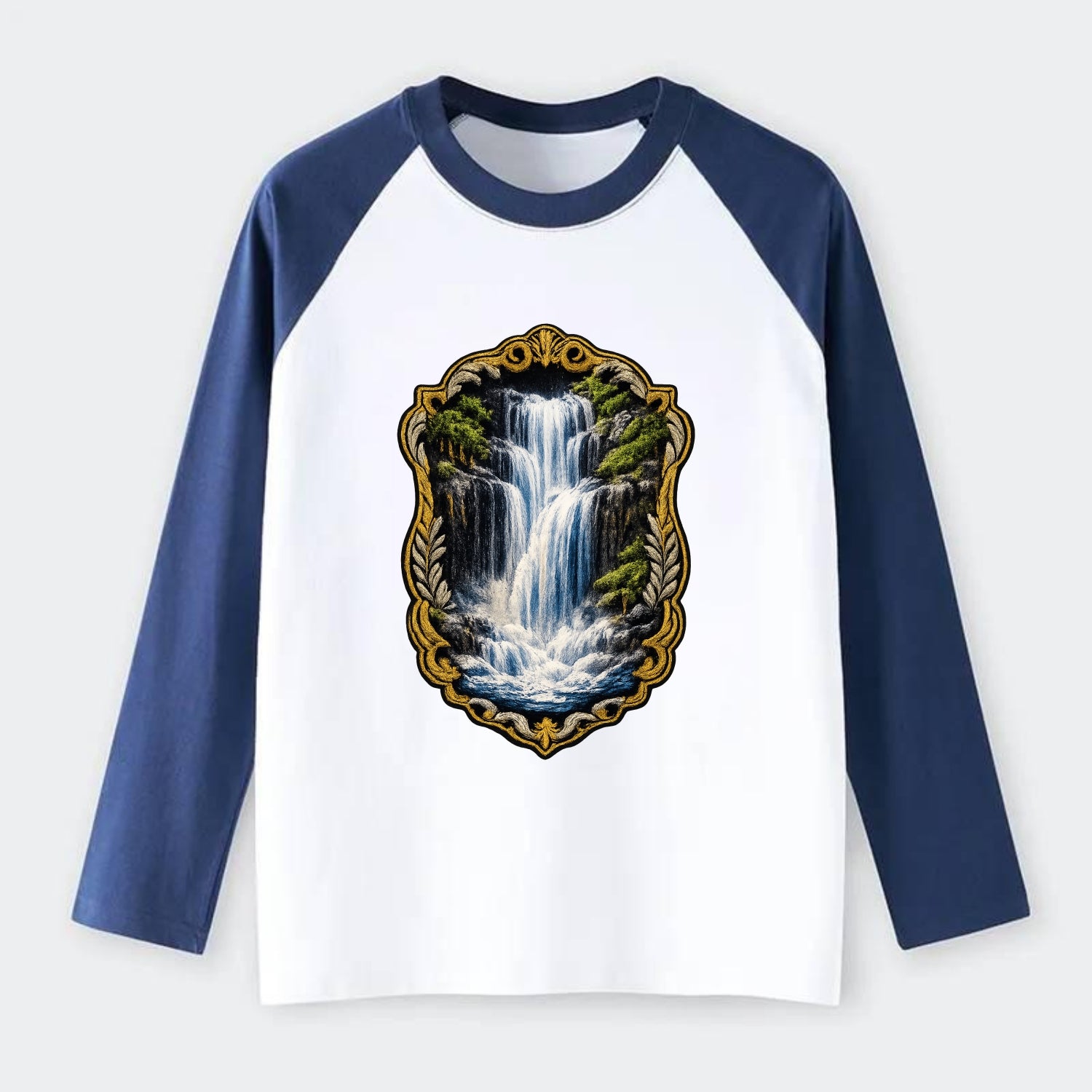 WATERFALL CASCADE - falling water with mist in blue and white , nature - Raglan Long Sleeve T-Shirt - Blue
