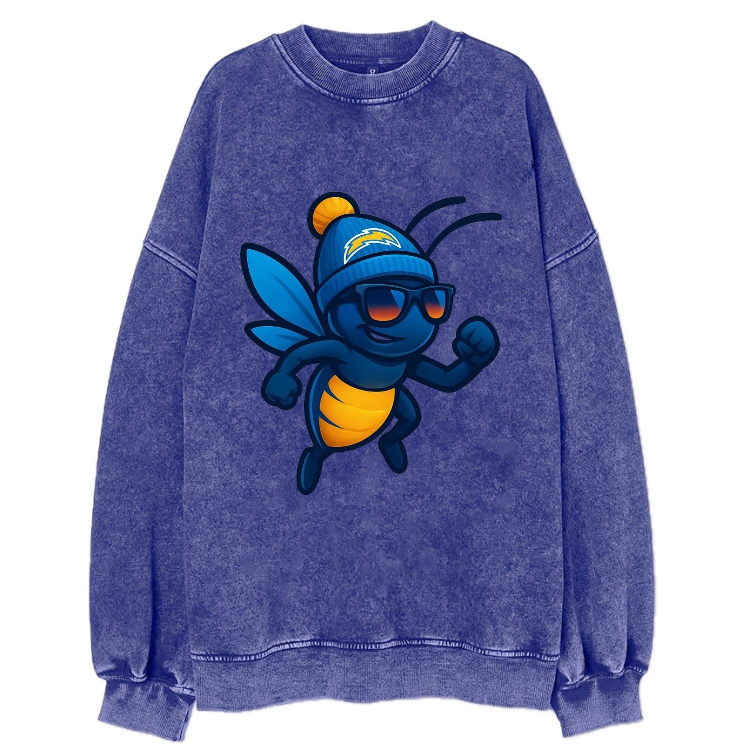 LA Lightning Bug wearing Chargers powder blue and gold beanie with pom pom and - Vintage Sweatshirt - Blue