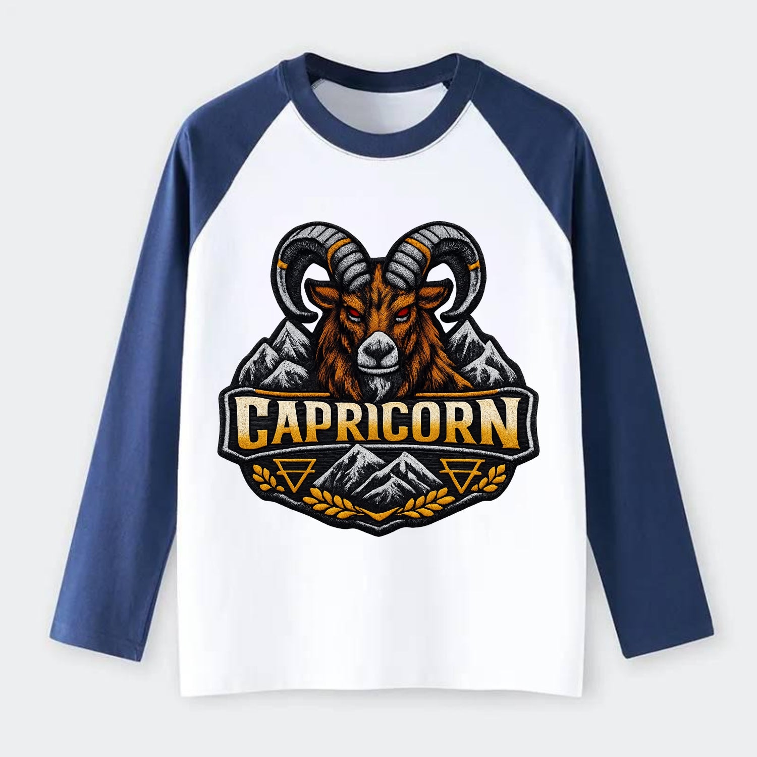 CAPRICORN GOAT - mountain goat in brown and gray , earth sign - Raglan Long Sleeve T-Shirt - Blue