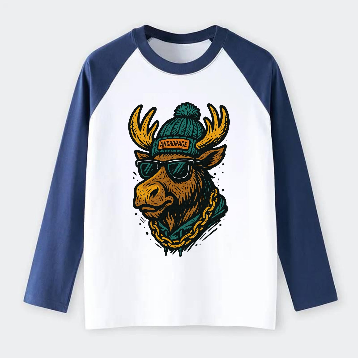 Alaska Moose wearing Anchorage beanie with pom pom and wayfarer - Raglan Long Sleeve T-Shirt - Blue