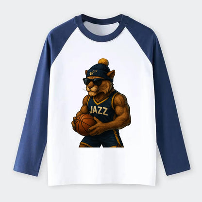 Utah Mountain Lion wearing Jazz navy and yellow beanie with music note - Raglan Long Sleeve T-Shirt - Blue