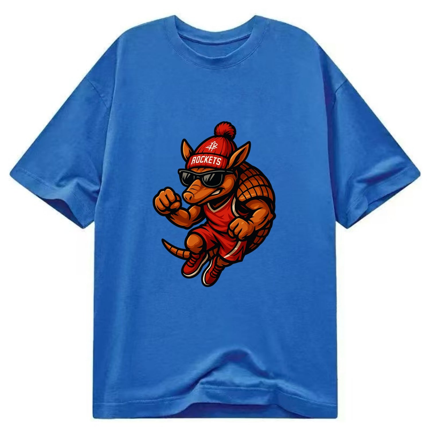 Houston Armadillo wearing Rockets red and silver beanie with rocket ship and - Classic T-shirt - Blue