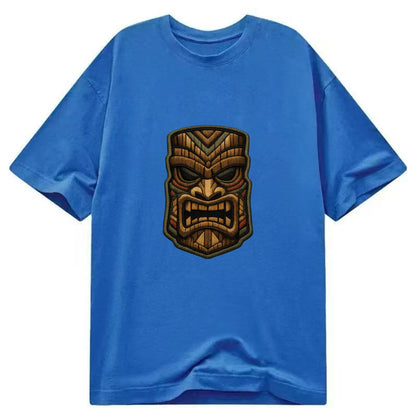 TIKI MASK - carved totem in brown and red , Polynesian - Classic T-shirt - Blue