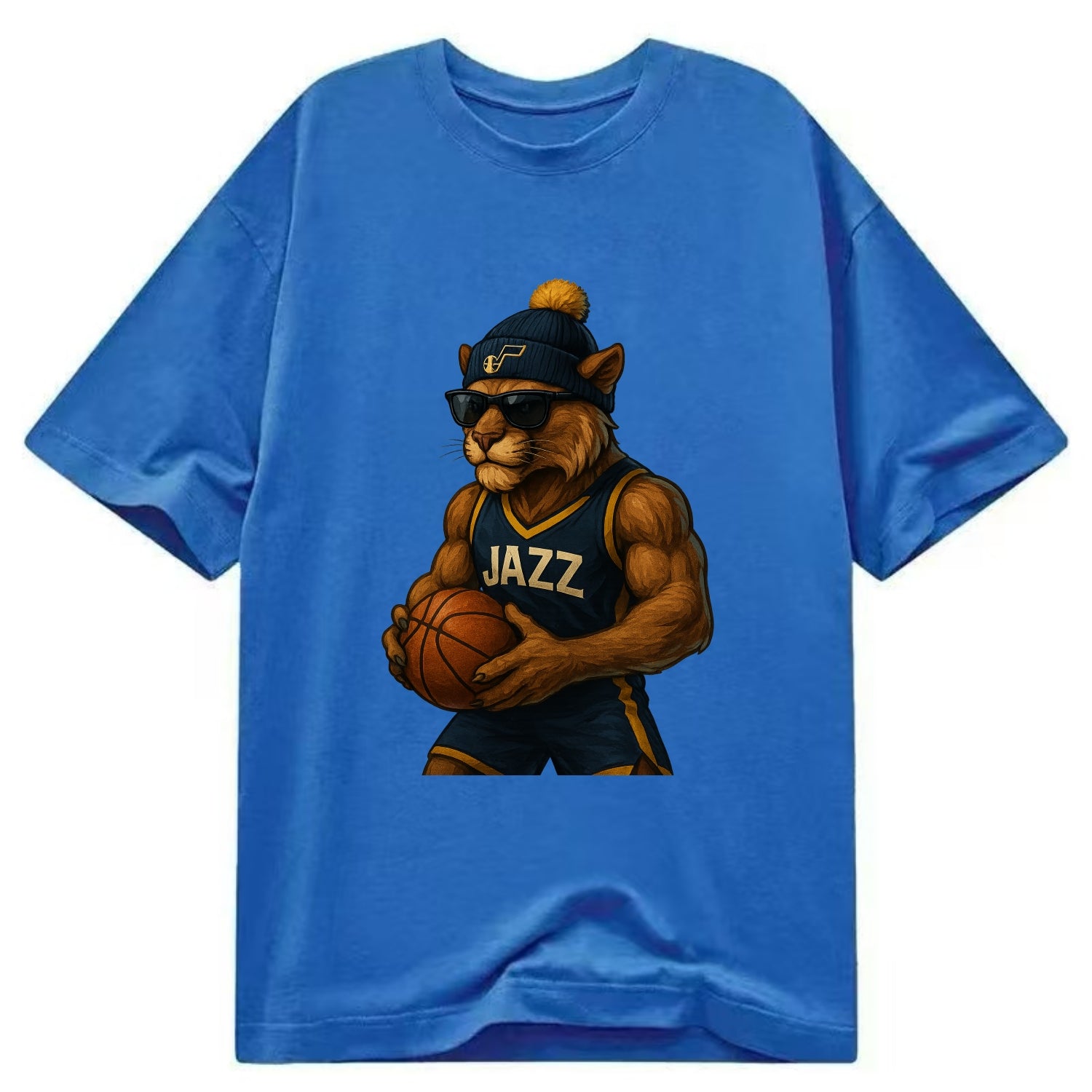 Utah Mountain Lion wearing Jazz navy and yellow beanie with music note and - Classic T-shirt - Blue