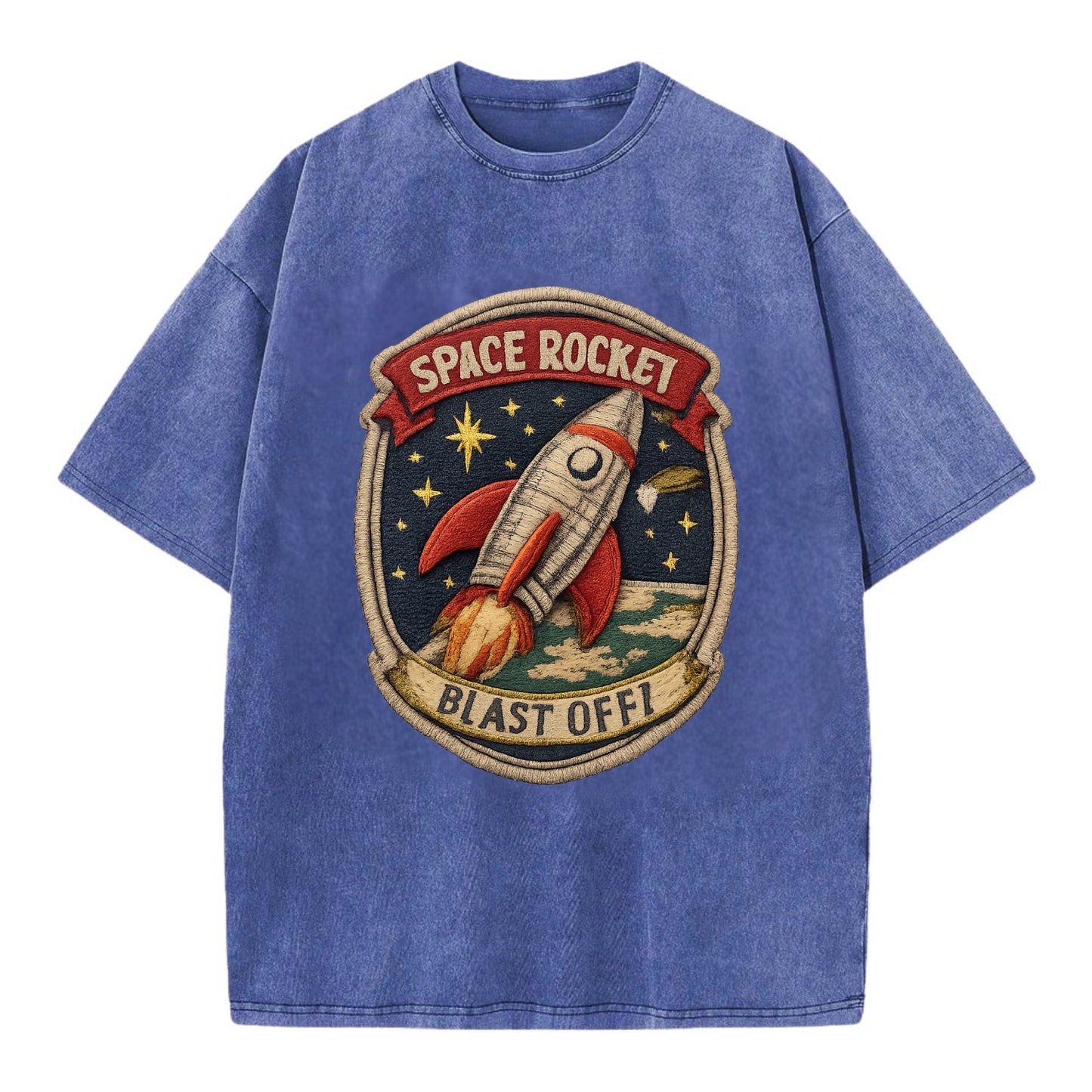 RETRO ROCKET - 1950s space rocket in silver and red , atomic age - Vintage T-shirt - Blue