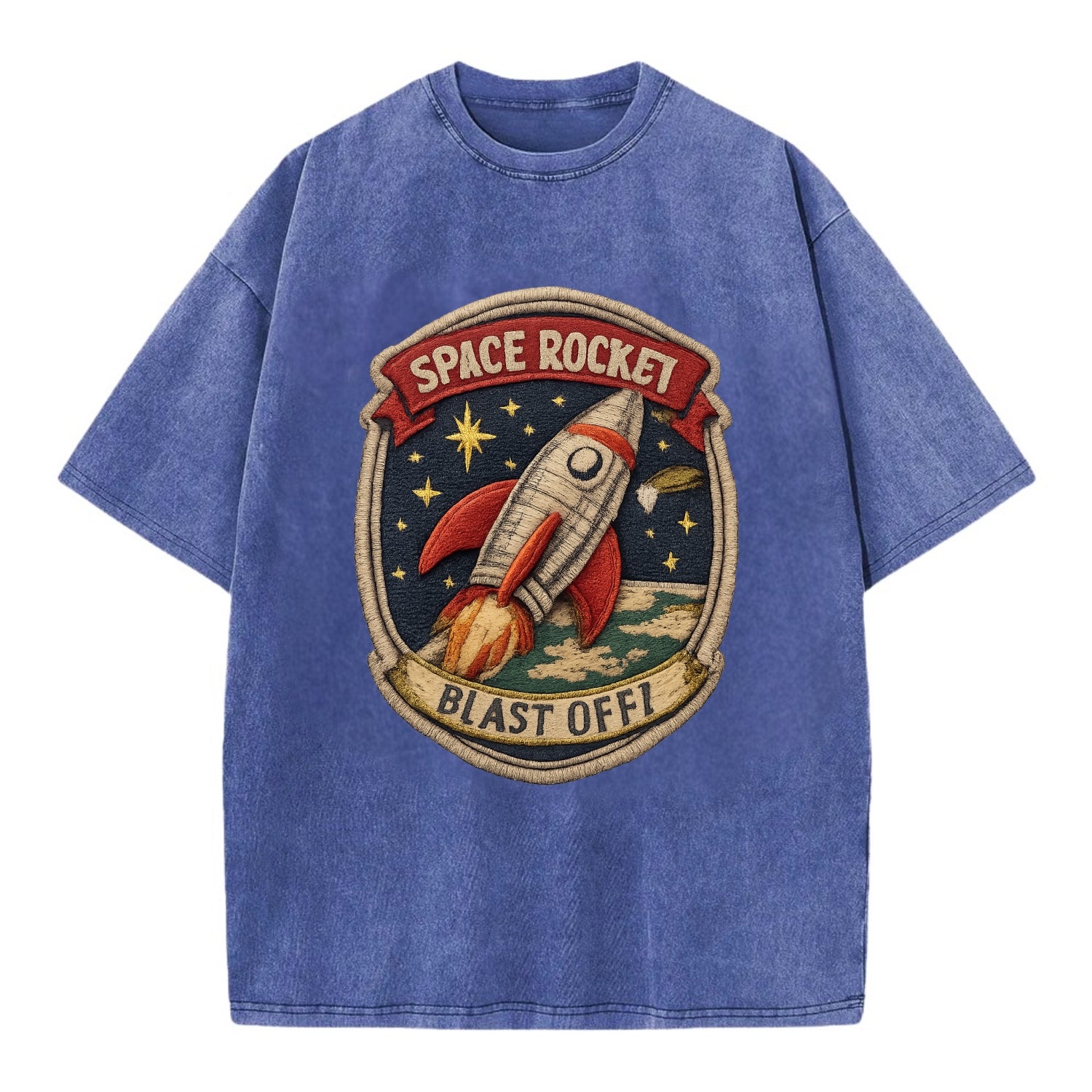 RETRO ROCKET - 1950s space rocket in silver and red , atomic age - Vintage T-shirt - Blue