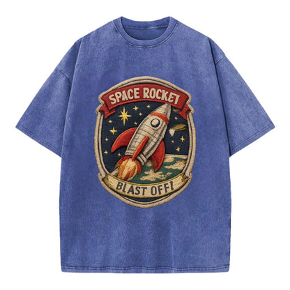 RETRO ROCKET - 1950s space rocket in silver and red , atomic age - Vintage T-shirt - Blue