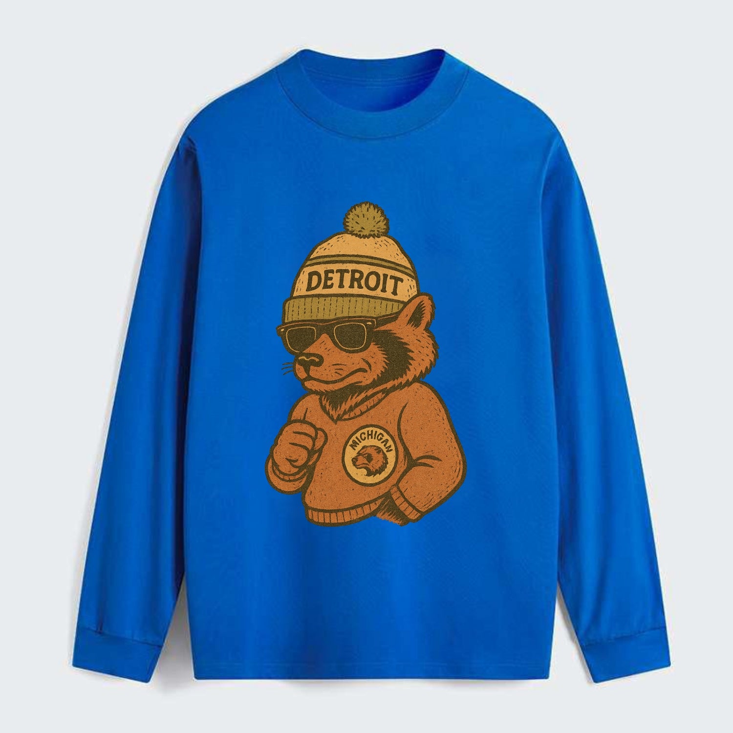 Michigan Wolverine wearing Detroit beanie with pom pom and wayfarer - Classic Long Sleeve Shirt - Blue