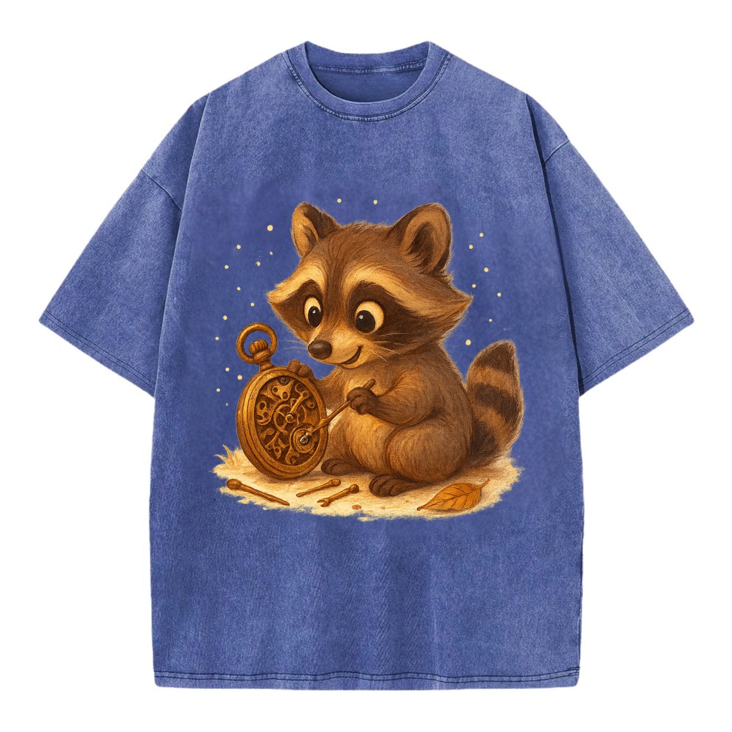 Raccoon tinkering with a steampunk pocket watch using tiny brass tools - Vintage T-shirt - Blue