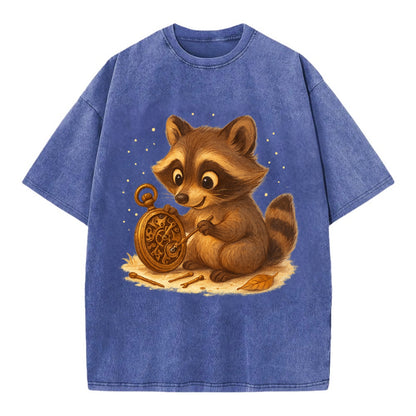 Raccoon tinkering with a steampunk pocket watch using tiny brass tools - Vintage T-shirt - Blue