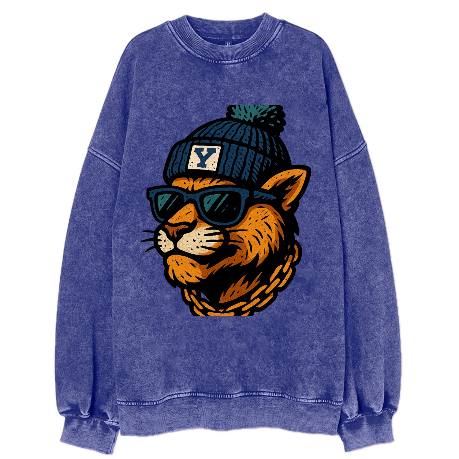 Provo Cougar wearing BYU beanie with Y patch - Vintage Sweatshirt - Blue
