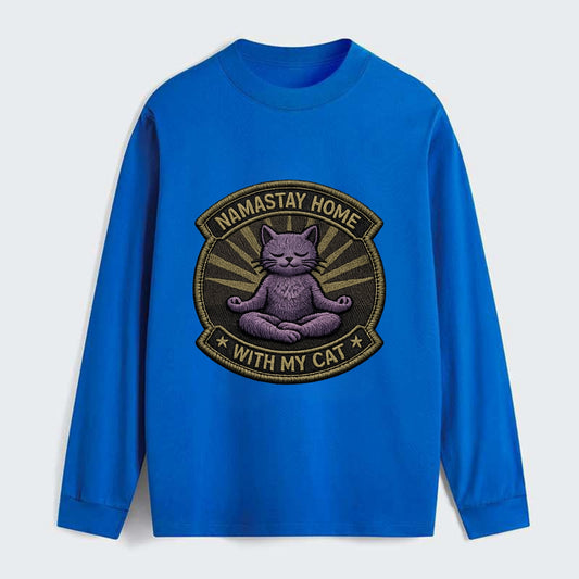 NAMASTAY HOME WITH MY CAT - yoga cat in purple , introvert cat - Classic Long Sleeve Shirt - Blue