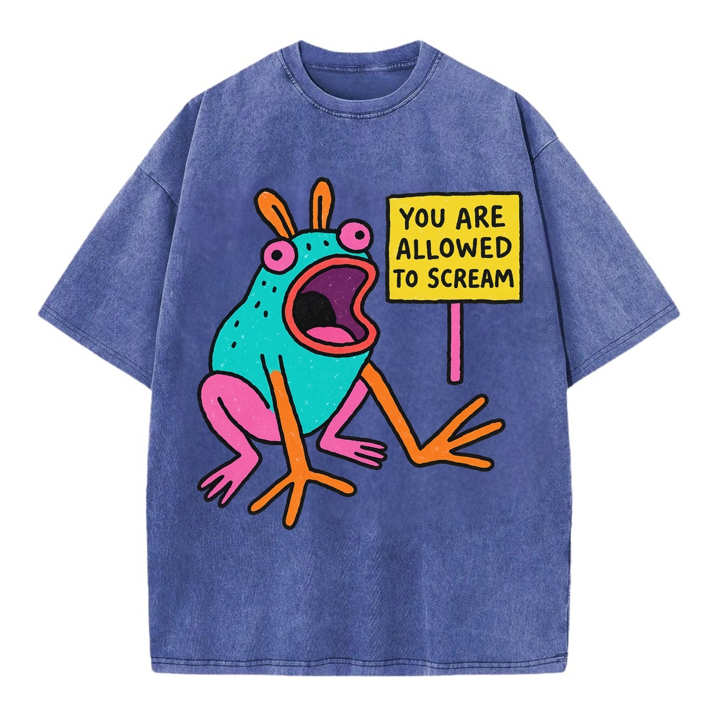 YOU ARE ALLOWED TO SCREAM | Open-mouthed frog mid-scream - Vintage T-shirt - Blue