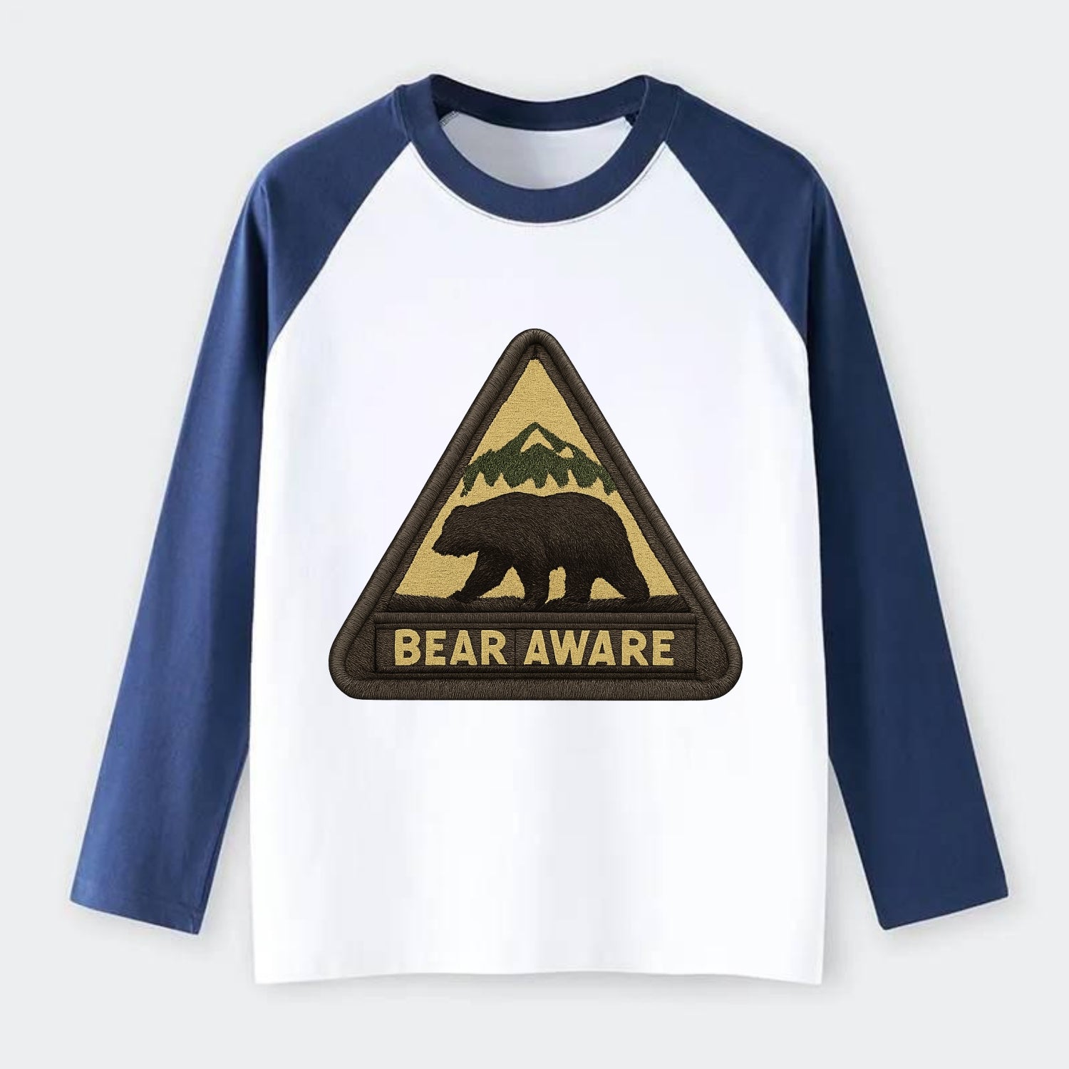 BEAR AWARE - bear silhouette warning in brown and yellow , wilderness - Raglan Long Sleeve T-Shirt - Blue