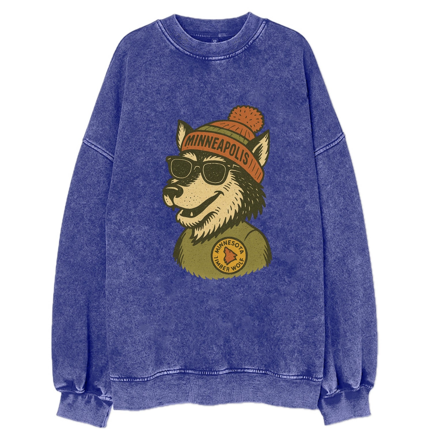 Minnesota Timber Wolf wearing Minneapolis beanie with pom pom and wayfarer - Vintage Sweatshirt - Blue