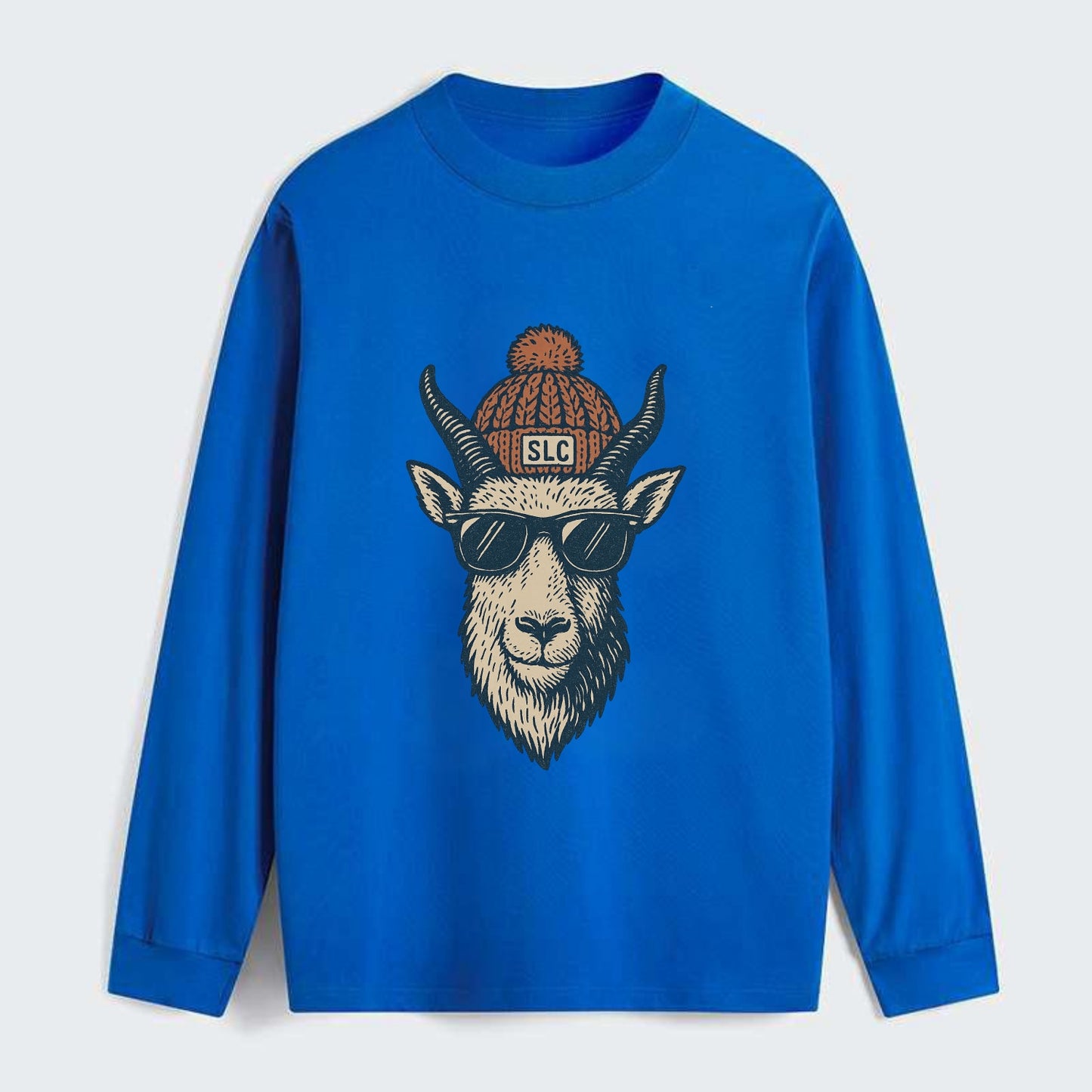 Salt Lake City Mountain Goat wearing SLC beanie with pom pom and - Classic Long Sleeve Shirt - Blue