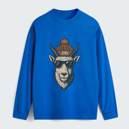 Salt Lake City Mountain Goat wearing SLC beanie with pom pom and - Classic Long Sleeve Shirt - Blue