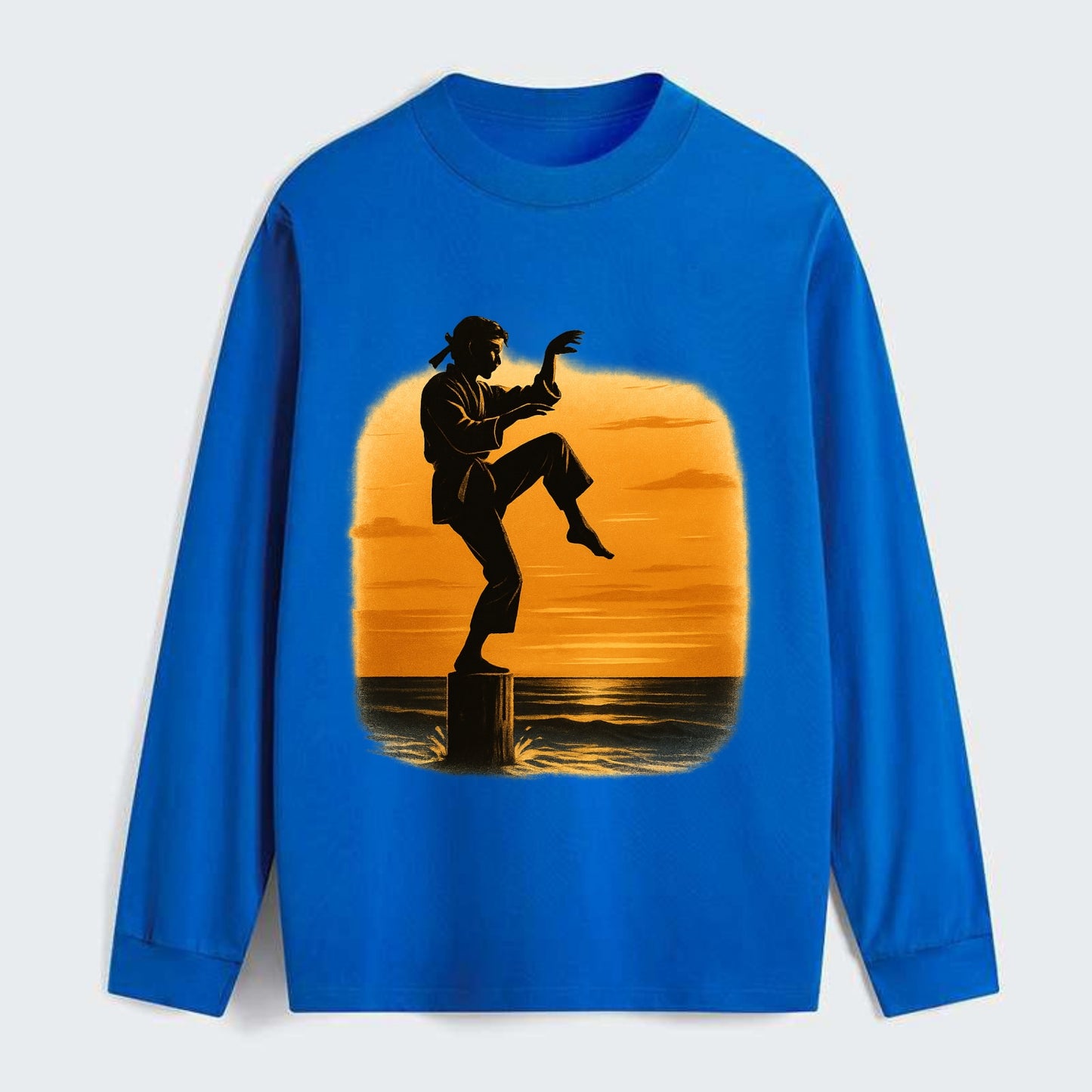 karate crane kick pose on wooden post at beach sunset - Classic Long Sleeve Shirt - Blue