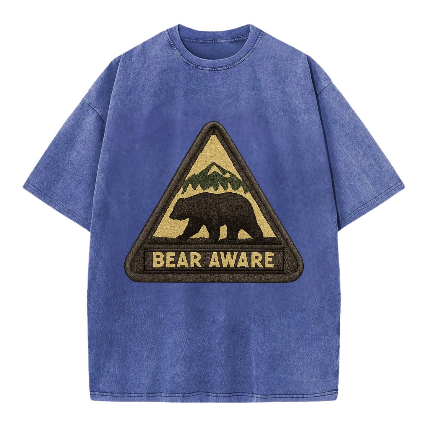 BEAR AWARE - bear silhouette warning in brown and yellow , wilderness safety - Vintage T-shirt - Blue