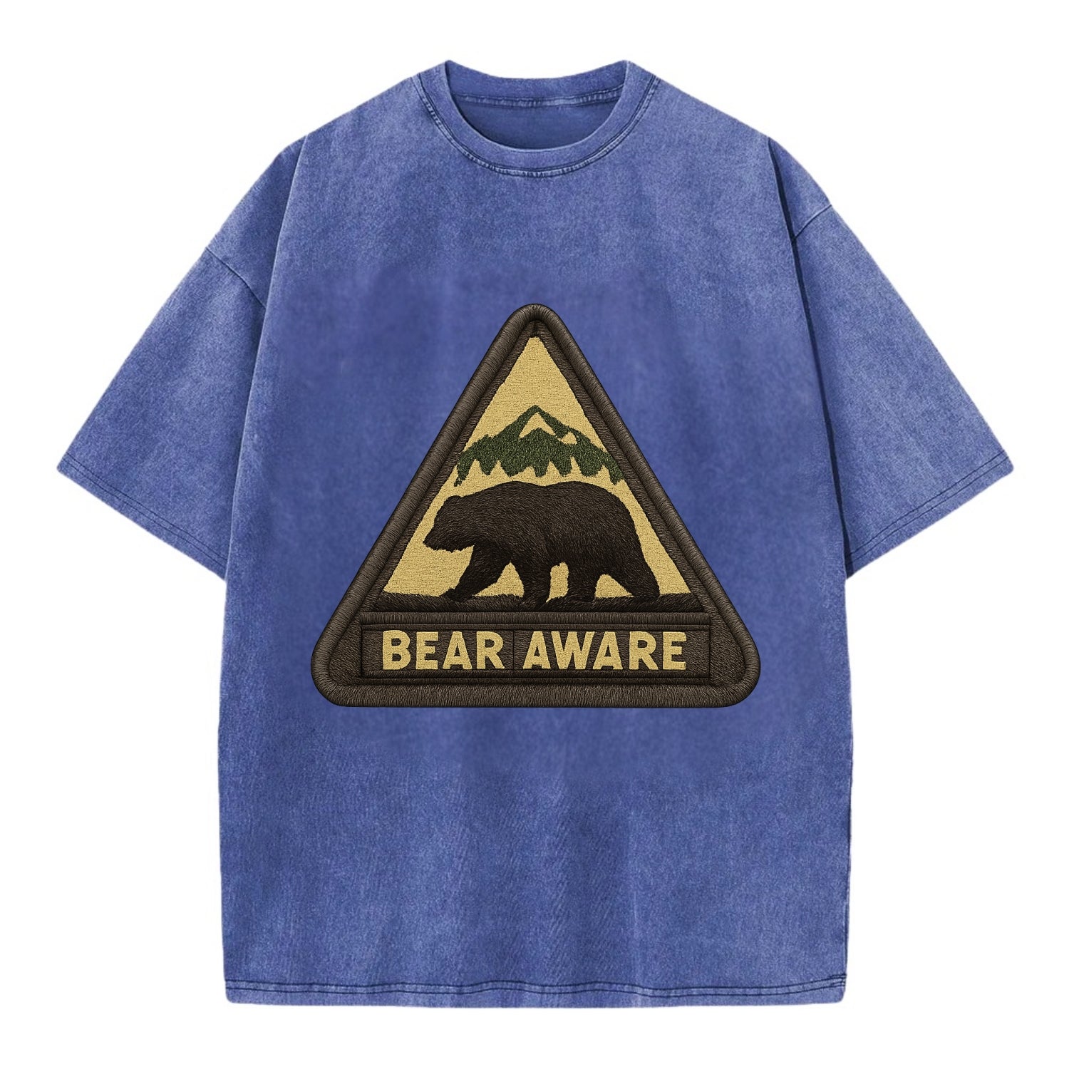 BEAR AWARE - bear silhouette warning in brown and yellow , wilderness safety - Vintage T-shirt - Blue