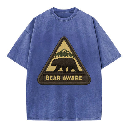 BEAR AWARE - bear silhouette warning in brown and yellow , wilderness safety - Vintage T-shirt - Blue