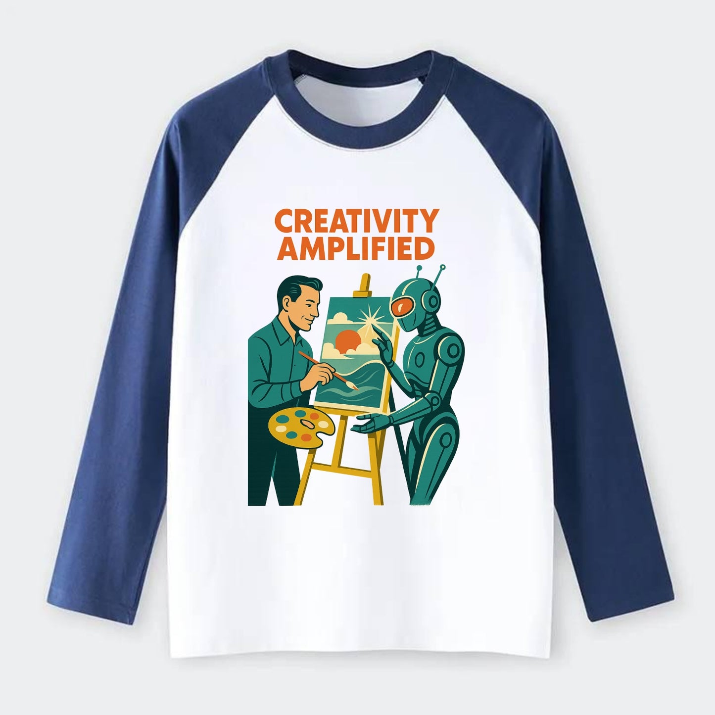 Artist and AI creating beautiful masterpiece together - "Creativity - Raglan Long Sleeve T-Shirt - Blue