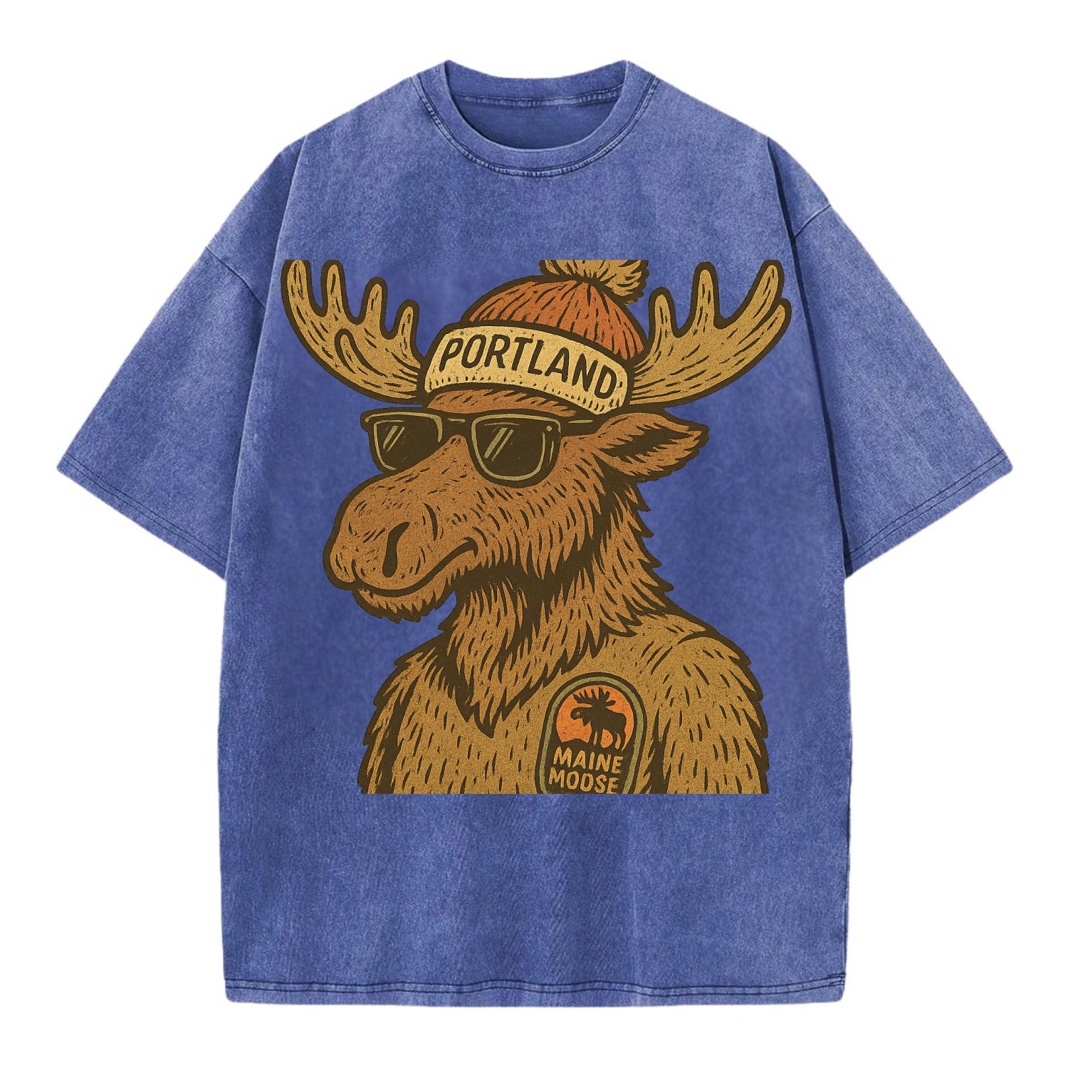 Maine Moose wearing Portland beanie with pom pom and wayfarer sunglasses - Vintage T-shirt - Blue