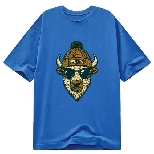 Kansas American Bison wearing Wichita beanie with pom pom and wayfarer sunglasses - Classic T-shirt