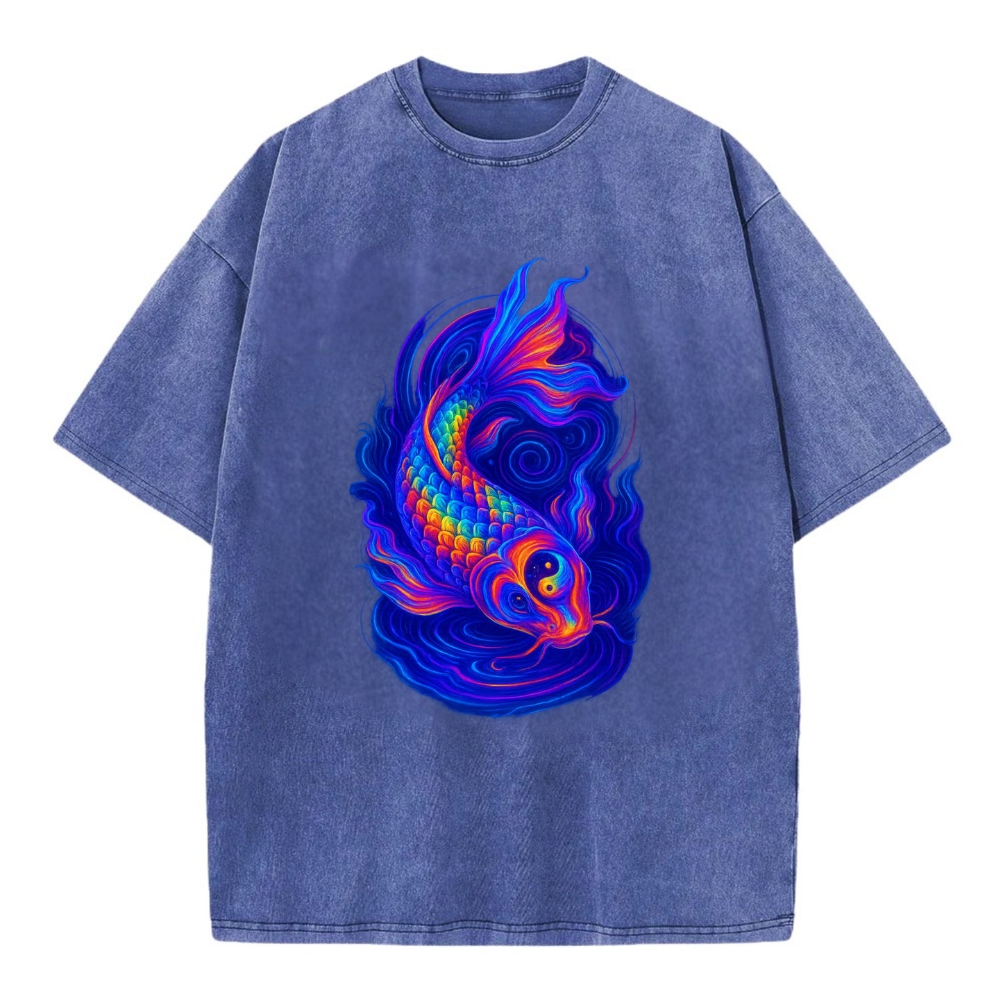 Sacred koi with scales reflecting rainbow prisms, yin-yang patterns in cosmic - Vintage T-shirt - Blue