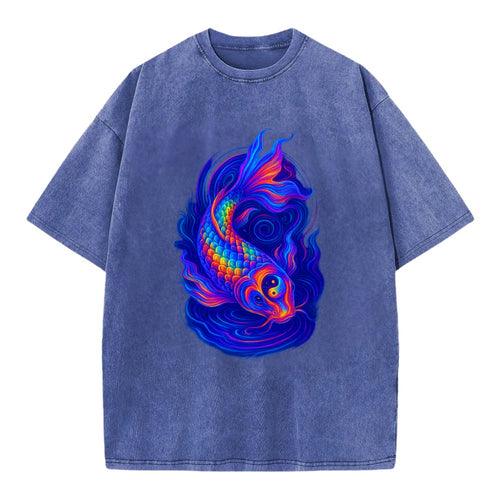 Sacred koi with scales reflecting rainbow prisms, yin-yang patterns in cosmic - Vintage T-shirt