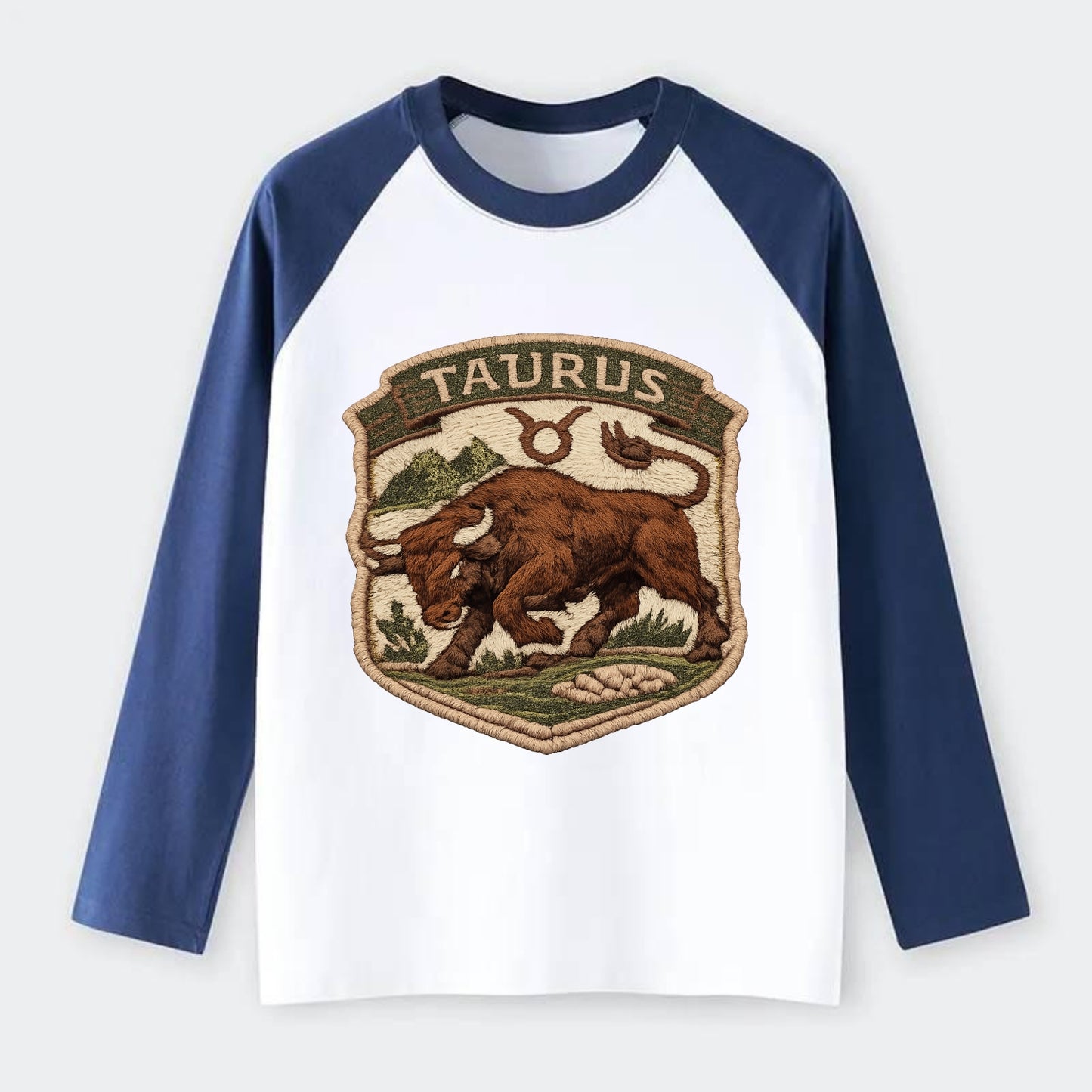 TAURUS BULL - strong bull in brown and green , earth sign - Raglan Long Sleeve T-Shirt - Blue