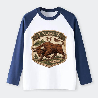 TAURUS BULL - strong bull in brown and green , earth sign - Raglan Long Sleeve T-Shirt - Blue