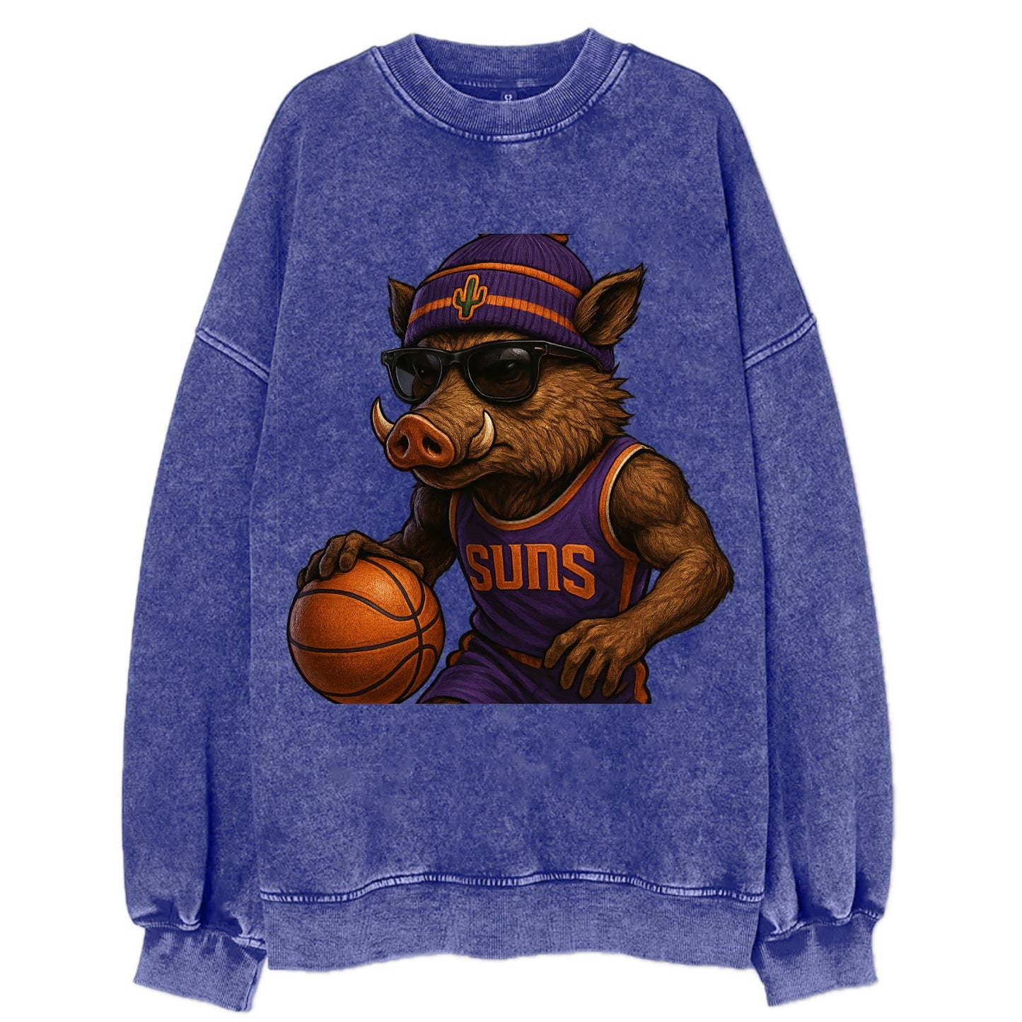 Phoenix Javelina wearing Suns beanie with cactus patch and wayfarer sunglasses - Vintage Sweatshirt - Blue