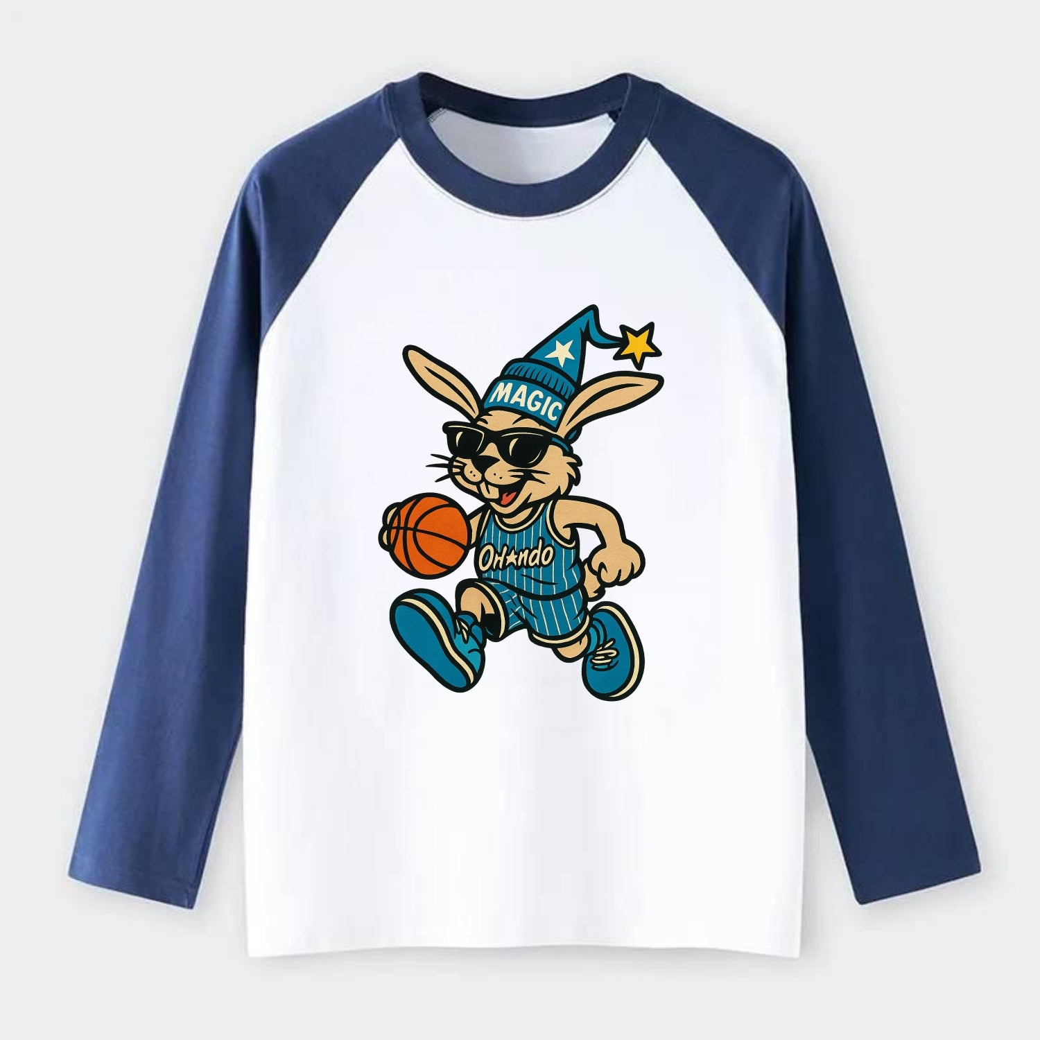 Orlando Rabbit wearing Magic blue and silver beanie with wizard hat - Raglan Long Sleeve T-Shirt - Blue