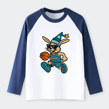 Orlando Rabbit wearing Magic blue and silver beanie with wizard hat - Raglan Long Sleeve T-Shirt - Blue