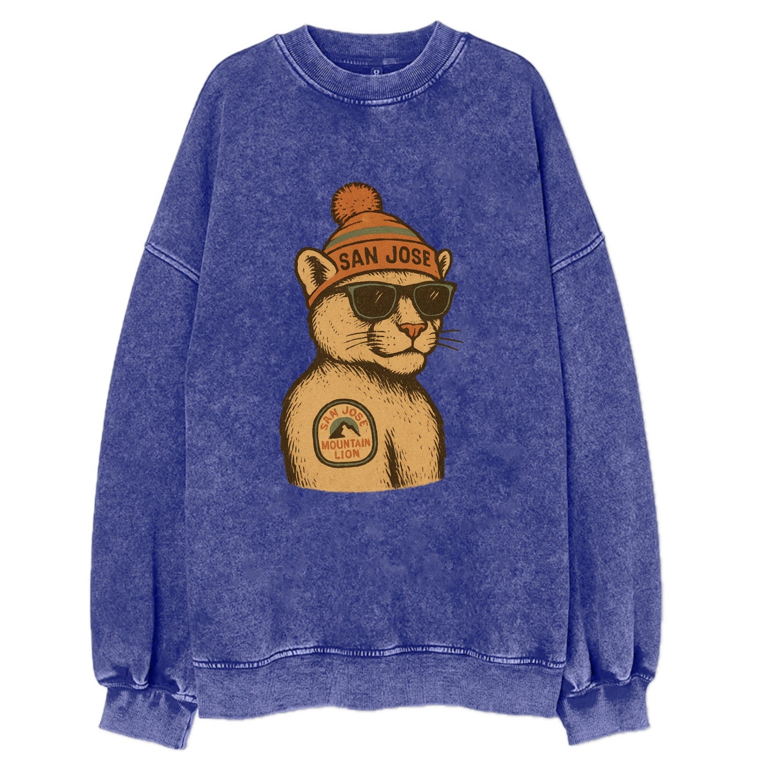 San Jose Mountain Lion wearing San Jose beanie with pom pom and wayfarer - Vintage Sweatshirt - Blue
