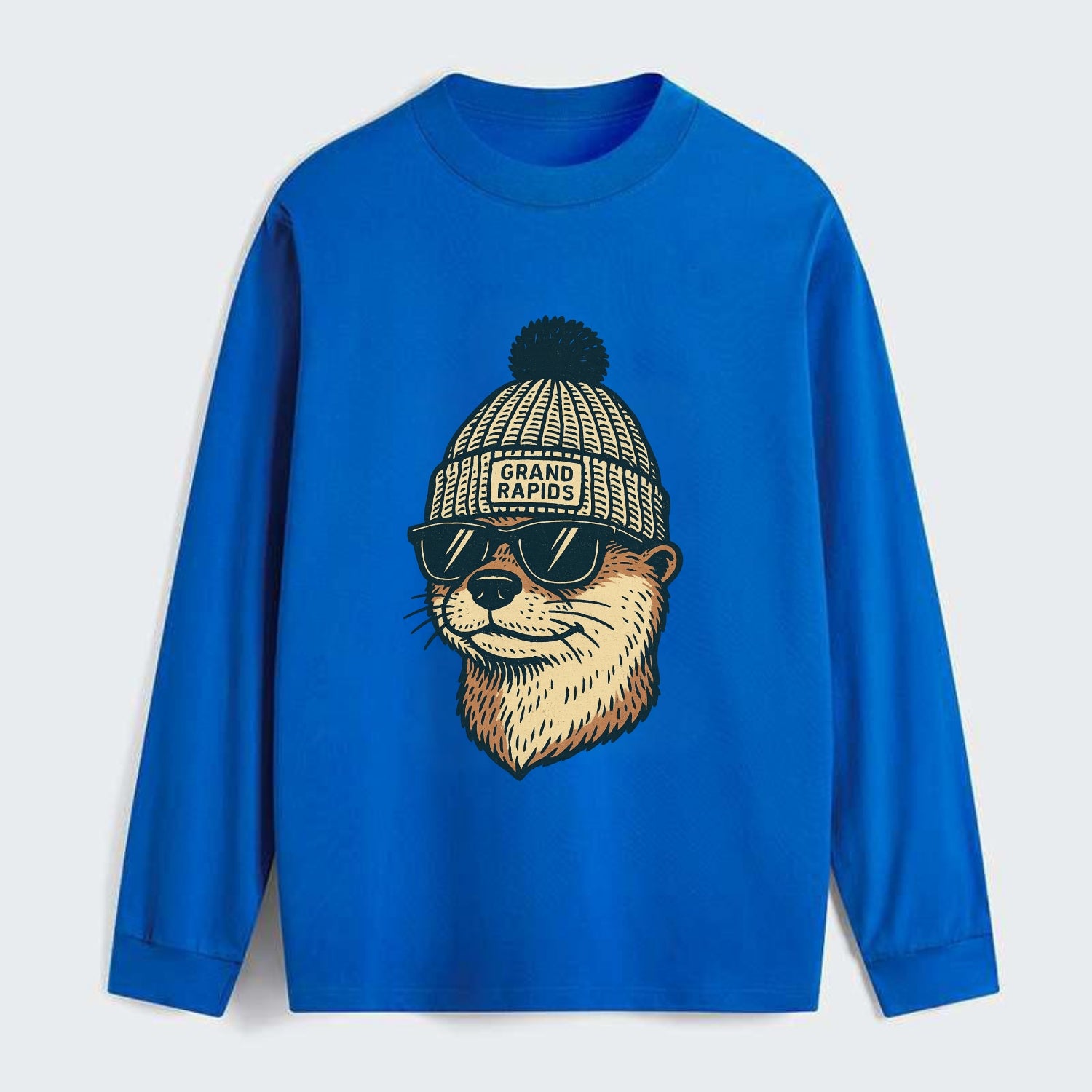 Grand Rapids River Otter wearing Grand Rapids beanie with pom pom and - Classic Long Sleeve Shirt - Blue